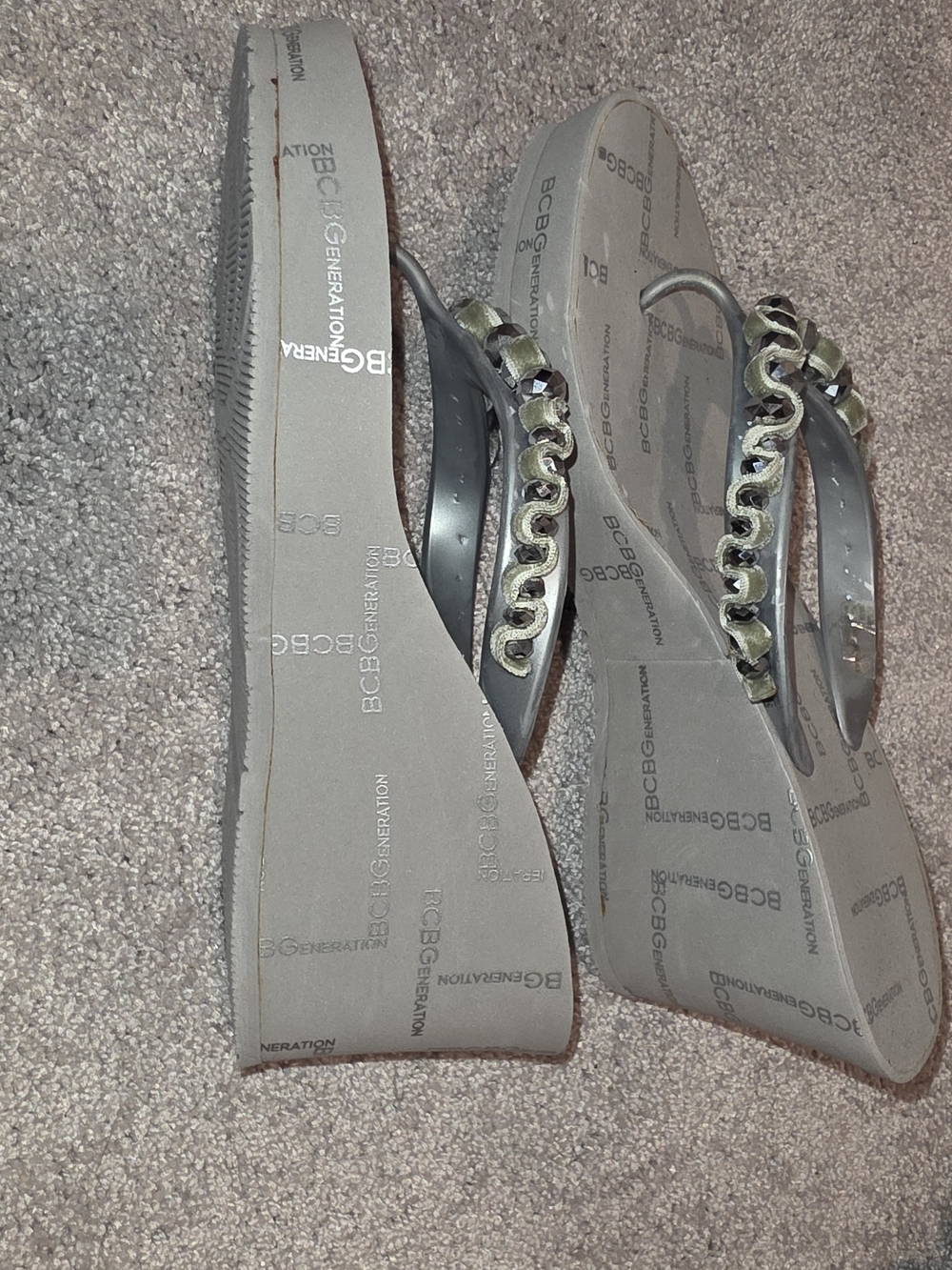 BCBGeneration Metallic Silver Wedge Flip Flop Sandals
